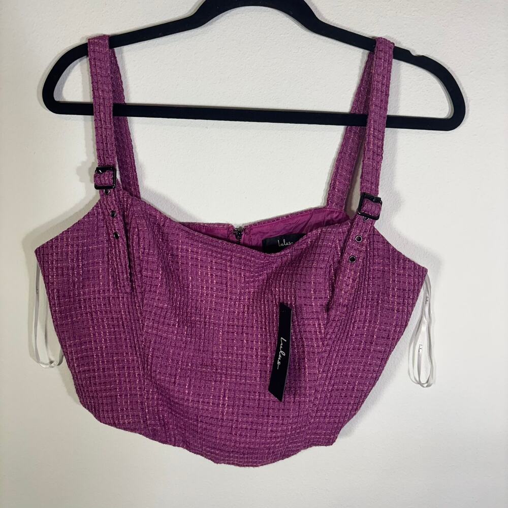 NWT Lulus Purple Tweed Crop Top Large Corset Tank Buckle Straps Back Zip Bustier